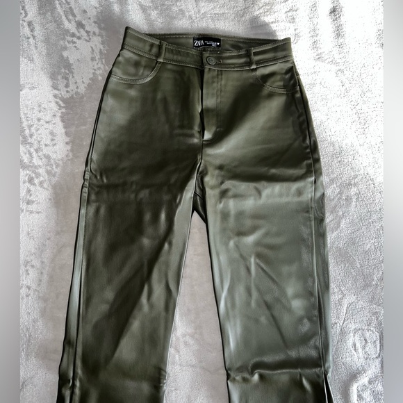 ZARA Faux Leather Dark Khaki Leggings - Picture 3 of 5
